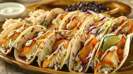 A tempting array of crispy fish tacos, featuring flaky white fish, crunchy cabbage slaw, tangy tartar sauce, and a squeeze of fresh lime, served alongside a side of seasoned rice and black beans