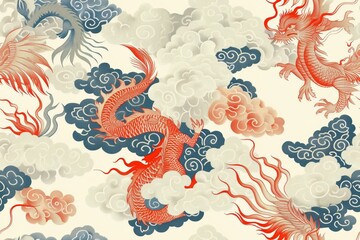 Obraz premium Seamless Pattern with Mythical Creatures and Stylized Clouds