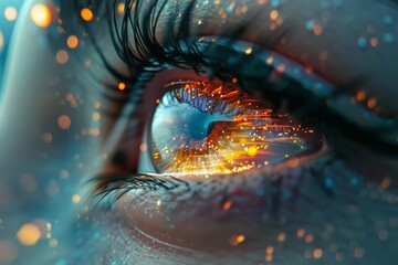 Close-up of an eye with a vibrant digital and futuristic overlay, representing technology and...