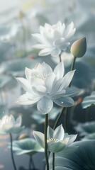 Beautiful white lotus flowers in full bloom, surrounded by serene and foggy background, creating a peaceful and tranquil atmosphere.