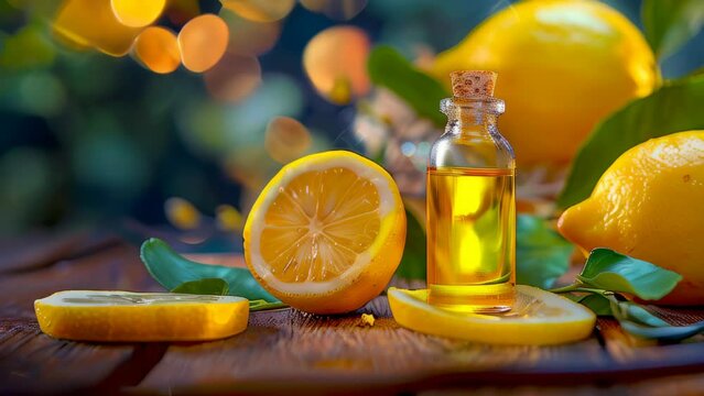 Beauty and self-care industry products. Lemon oil in a bottle