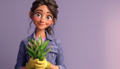 Animated woman in a jean jacket holding green tulips with yellow gloves against a lavender background, smiling warmly.