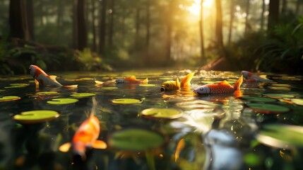 A tranquil pond in the heart of a sun-dappled forest, its surface adorned with delicate lily pads and colorful koi fish swimming lazily beneath the shimmering water. 