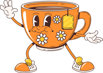 Cartoon retro groovy herbal tea cup character with funky face, vector 70s hippie or comic art. Groovy cartoon funny tea cup or mug with teabag and daisy flowers ornament with happy emotion smile