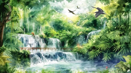 A whimsical watercolor painting of a lush, tropical forest with cascading waterfalls and exotic birds in flight. 32k, full ultra HD, high resolution