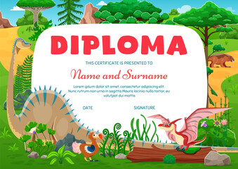 Kids diploma, cartoon funny dinosaurs. Colorful children certificate template with playful dino characters in a prehistoric landscape, Vector award frame for celebrating educational success milestones © Vector Tradition