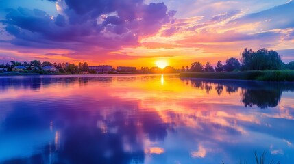 A vibrant sunset reflected in calm waters, casting a warm glow over a tranquil lakeside scene. 32k, full ultra HD, high resolution
