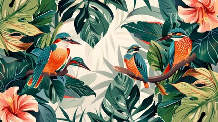 Floral and Leaf Pattern with Birds Seamless. Beautiful background, Abstract pattern background.