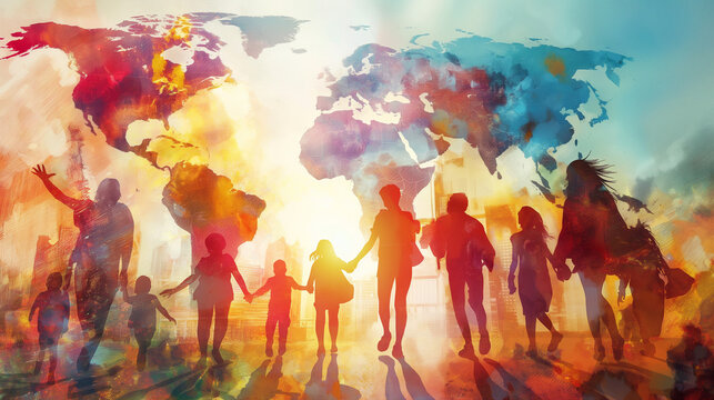 Internationaler Tag der Freundschaft am 30. Juli Menschen in einer Reihe viele Personen Hand in Hand als Silhouette vorm Sonnenuntergang Weltkarte im Hintergrund Generative AI
