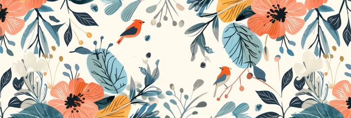 Floral and Leaf Pattern with Birds Seamless. Beautiful background, Abstract pattern background.