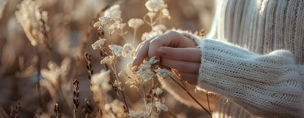 Woman, hands and flowers in closeup with nature for art, light and natural in winter. Female person and fingers with floral or plant in zoom, sustainable fashion or eco friendly and .Close-Up of Woman