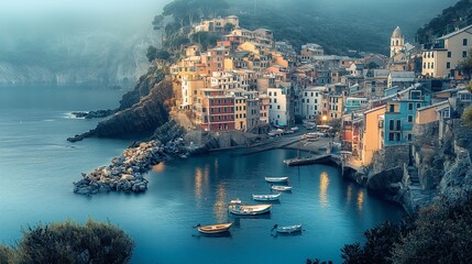 An idyllic seaside village bathed in the soft light of dawn, with pastel-colored buildings nestled along a rocky coastline and fishing boats bobbing gently in the harbor.  - Powered by Adobe