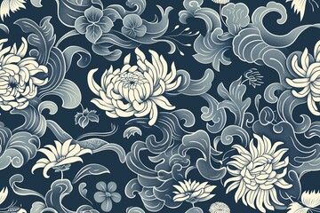 Seamless Pattern with Stylized Waves, Chrysanthemums, and Dragonflies