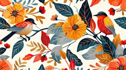 Floral and Leaf Pattern with Birds Seamless. Beautiful background, Abstract pattern background.