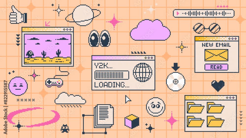Poster Retro y2k computer window page interface. Vector pc desktop with folders, icons and loading bar. Background in old 2000s vintage aesthetic style with emoji, game, clouds, stars and planets on screen
