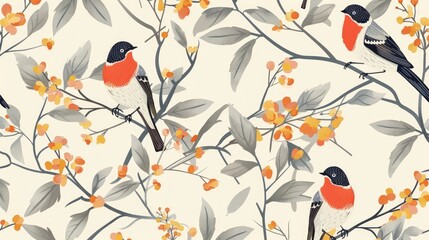 Floral and Leaf Pattern with Birds Seamless. Beautiful background, Abstract pattern background.
