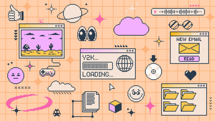Retro y2k computer window page interface. Vector pc desktop with folders, icons and loading bar. Background in old 2000s vintage aesthetic style with emoji, game, clouds, stars and planets on screen