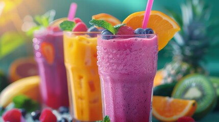 Refreshing and colorful fruit smoothies with fresh berries, orange slices, and mint leaves in glass tumblers on a tropical background.