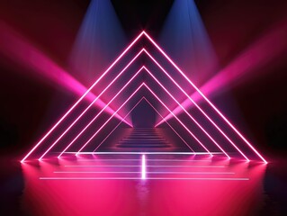 Naklejka premium beautiful rendering. Pink neon triangular shapes on black background. Laser show.