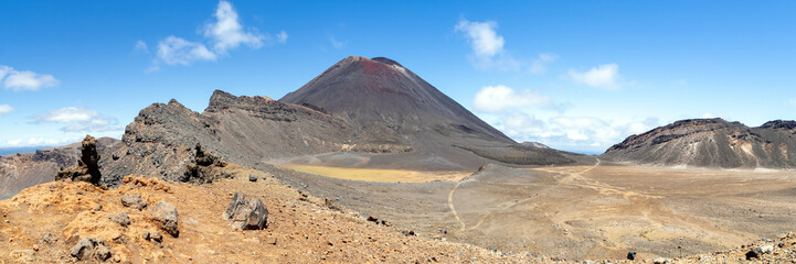 Iconic Scene of Mount Ngauruhoe in Tongariro National Park, New Zealand. Dramatic Volcanic landscape boasts unique geological features and panoramic vistas