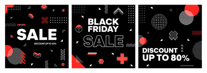 Naklejka premium Black Friday sale abstract banners with Memphis shapes for discount promo, vector backgrounds. Black Friday sale banners for shop discount and store promotion with Memphis geometric shape elements