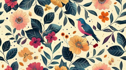 Floral and Leaf Pattern with Birds Seamless. Beautiful background, Abstract pattern background.