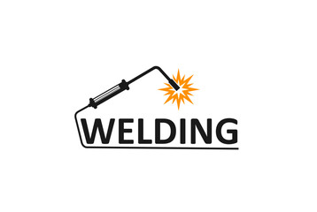 Weld icon of welder work tool and sparks. Vector metal work, welding and cutting workshop isolated symbol with gas metal arc weld machine torch black silhouette, welding fabrication themes