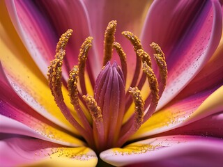 a macro shot of the interior of a vibrant flower, highlighting the pollen-covered stamens. 