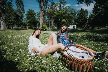 Two young girls sitting in a sunny park filled with wildflowers, sharing a joyful day together with...