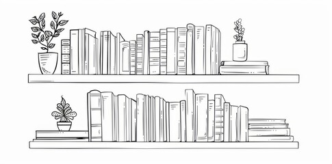 Simple line drawing of books on shelf with white background and copy space.

