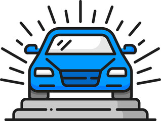 Demo car line icon for dealership, auto dealer showroom or test drive, outline vector. Car demonstration showroom of premium auto salon, color line pictogram for automotive trade center and car sales