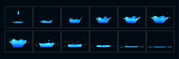 Corona water splash sprite sheet. Cartoon fluid dynamic splashing storyboard, droplets and ripples in motion. Vector VFX sequence frame of liquid crown aqua splatters for animation and visual effects