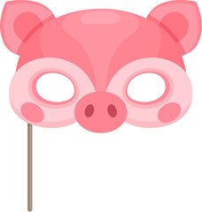Carnival pig mask for birthday party masquerade or festival costume, vector animal face. Cartoon funny piglet muzzle mask on stick for kids birthday party or carnival props of happy zoo animal costume