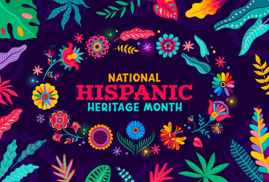 Tropical flowers and plants, national Hispanic heritage month banner, vector Latin art background. Hispanic Americans culture holiday or festival of tradition with ethnic floral huichol ornament