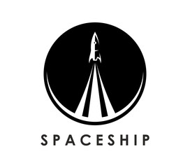 Spaceship icon of rocket launch, vector spacecraft, astronomy and galaxy explore. Rocket, spaceship or shuttle carrier silhouette with smoke trace isolated round badge, retro spacecraft symbol © Vector Tradition