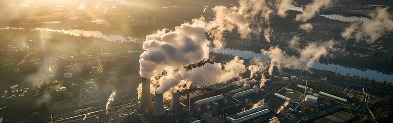 An arial view of smoke stack pollution from industry residential emissions pollution environment with dust background