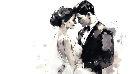 simple ink sketch illustration of happy bride and groom on white background
