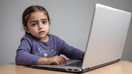 Confused Young Girl Using Laptop for Online Learning