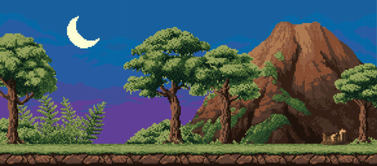 8 bit pixel night tropical forest landscape with mountain. 8-Vector pixelated nighttime scene featuring lush tropic wood with vibrant greenery, a towering brown rock, and a serene crescent moon in sky
