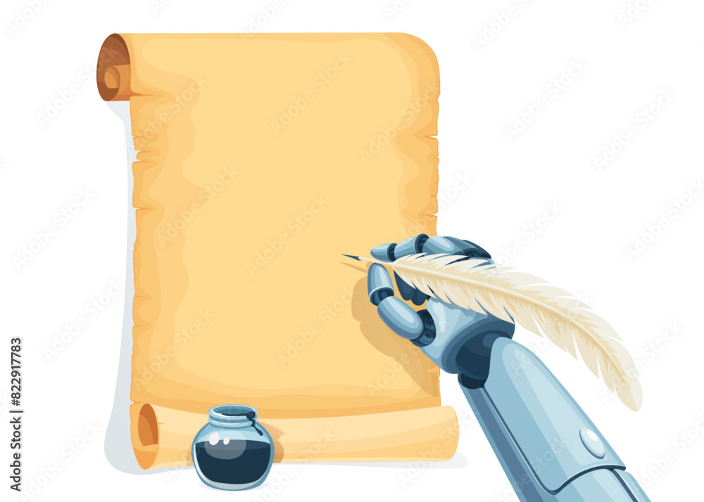 Poster Robot writes, machine learning and AI artificial intelligence futuristic technology, cartoon vector. Robot hand with ink quill feather writing on ancient manuscript paper scroll for machine learning