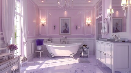 Luxurious bathroom in soft lavender shades, with elegant white fixtures and stylish silver details,...