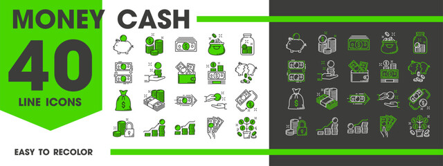 Money cash line icons of finance, banking and payment or savings, vector pictograms. Dollar money cash banknotes and coins icons of wallet, piggy bank and money tree for financial investment or salary