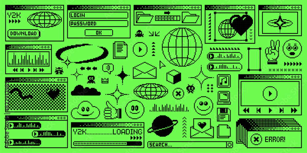 Poster Rave y2k computer window page. Vector pc desktop with interface folders, loading bar. Program error, e-mail, browser and menu icons. Acid toxic green screen background in old 2000s aesthetic style