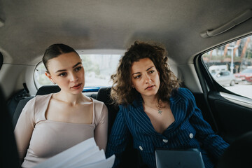 Two serious businesswomen discuss and review documents inside a car. They work together and...