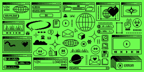 Rave y2k computer window page. Vector pc desktop with interface folders, loading bar. Program error, e-mail, browser and menu icons. Acid toxic green screen background in old 2000s aesthetic style