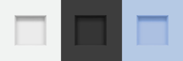 3d wall niches. Realistic vector three empty square boxes or shelves on white, black and blue backgrounds. Shop, gallery showcase mockup for product presentation, exhibit space, interior bookshelf © Vector Tradition