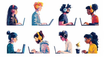 Fototapeta premium Digital business concept illustrations. Set of illustrations of men and women in various activities of online business, communication, marketing. Modern vector style for graphic and web design