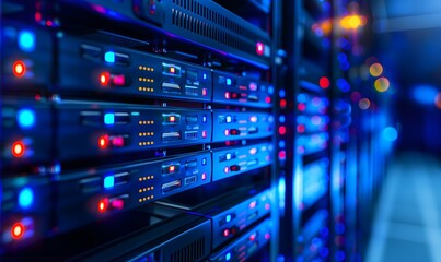 Close-up image of data center servers with colorful LED lights and detailed server racks