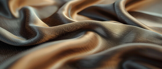 Close-up of brown, shiny silk fabric with a smooth texture