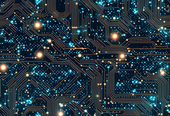 A close-up view of an abstract digital circuit board with glowing lines and dots representing data flow. The image features a dark background with bright blue and orange elements.